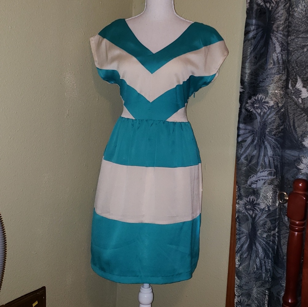 Teal and cream vintage style dress